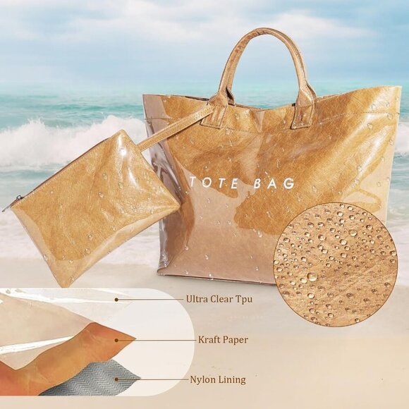 PVC Tote Bag Women Kraft Paper Letters Print Large Capacity Purse Handbag - Picture 3 of 7